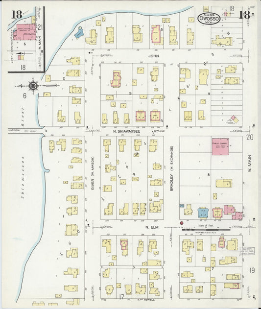 Sanborn Fire Insurance Map from Owosso, Shiawassee County, Michigan (1924), Sheet #0018 - Historic Sanborn Fire Insurance Map Print, vintage old map wall art, antique decor, genealogy gift, Michigan Michigan map