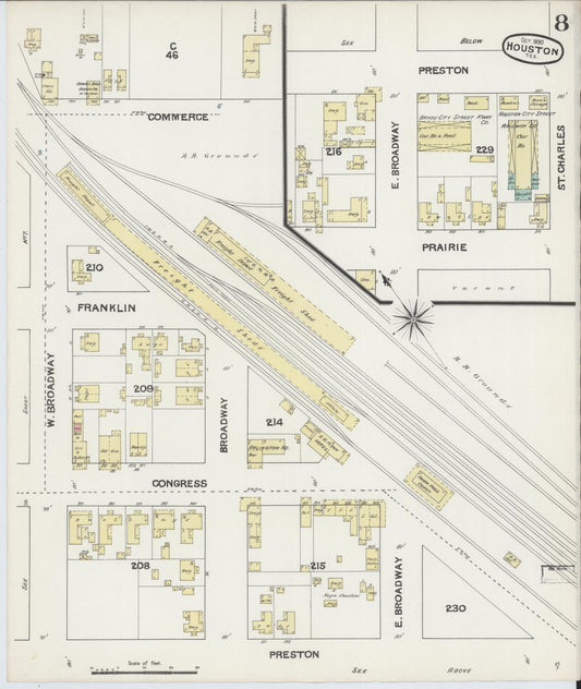 Sanborn Fire Insurance Map from Houston, Harris County, Texas (1890), Sheet #0008 - Historic Sanborn Fire Insurance Map Print, vintage old map wall art, antique decor, genealogy gift, Texas Texas map