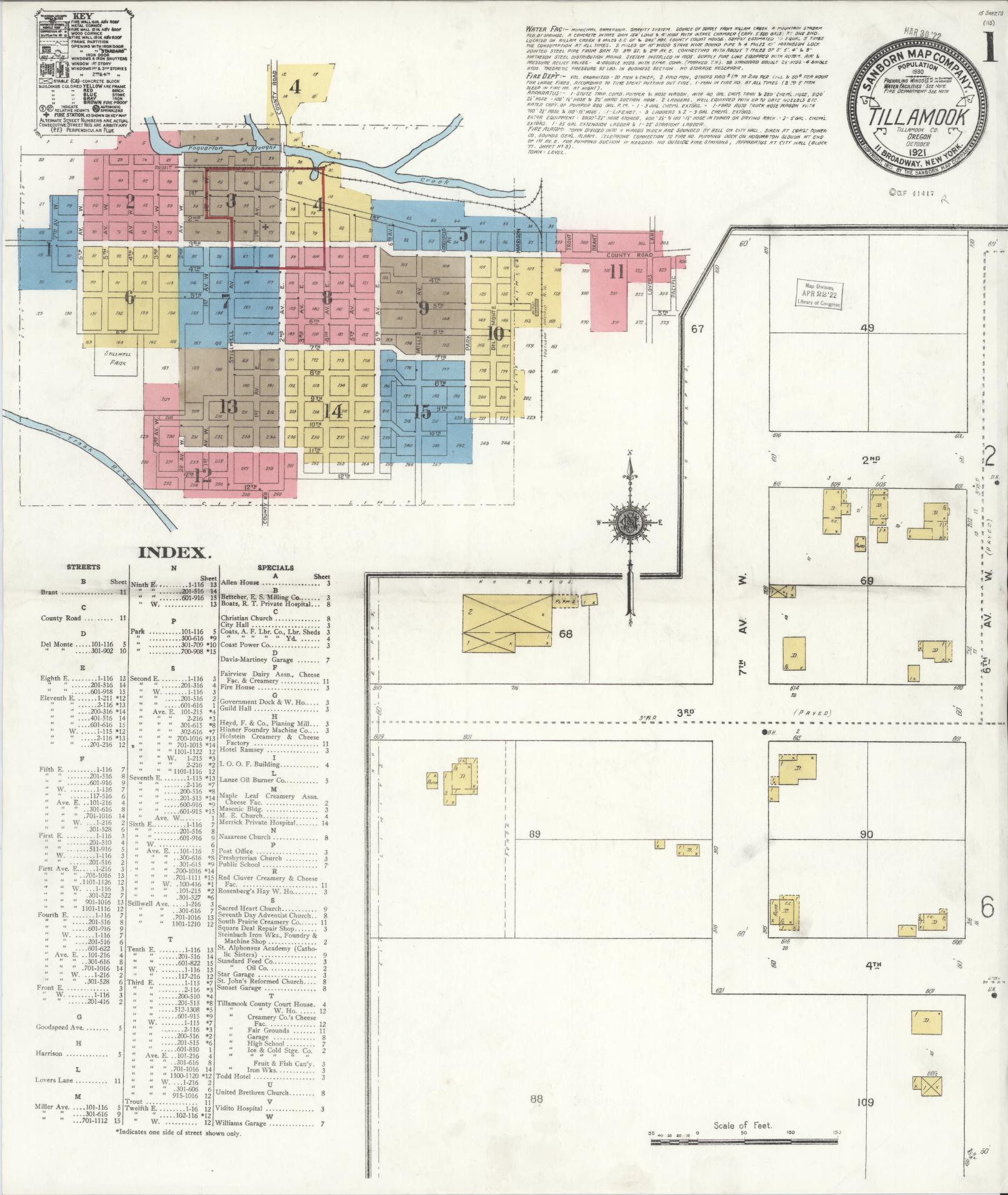 Sanborn Fire Insurance Map from Tillamook, Tillamook County, Oregon (1921), Sheet #0001 - Complete Map Set gallery image, historic Sanborn map, vintage wall art, Oregon Oregon