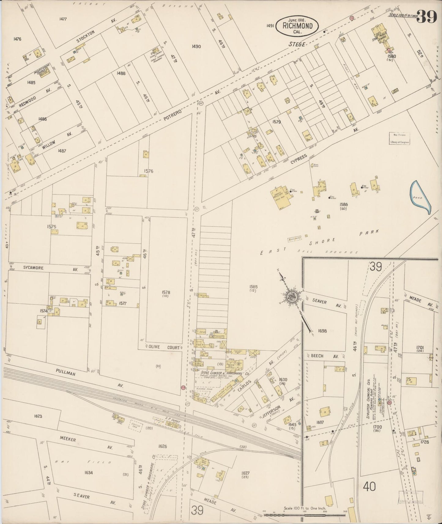 Sanborn Fire Insurance Map from Richmond, Contra Costa County, California (1916), Sheet #0039 - Complete Map Set gallery image, historic Sanborn map, vintage wall art, California California