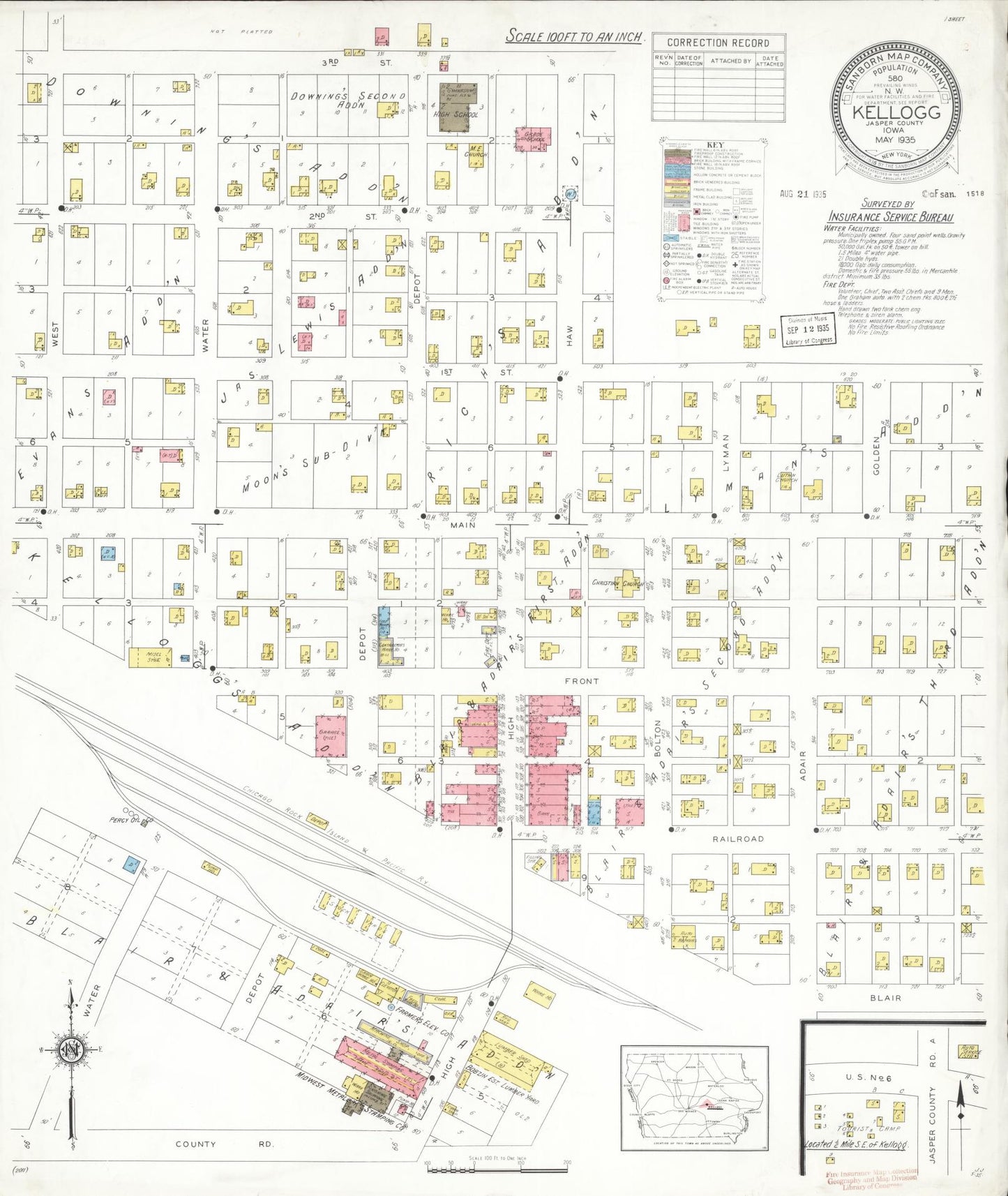 Sanborn Fire Insurance Map from Kellogg, Jasper County, Iowa (1935), Sheet #0001 - Historic Sanborn Fire Insurance Map Print, vintage old map wall art