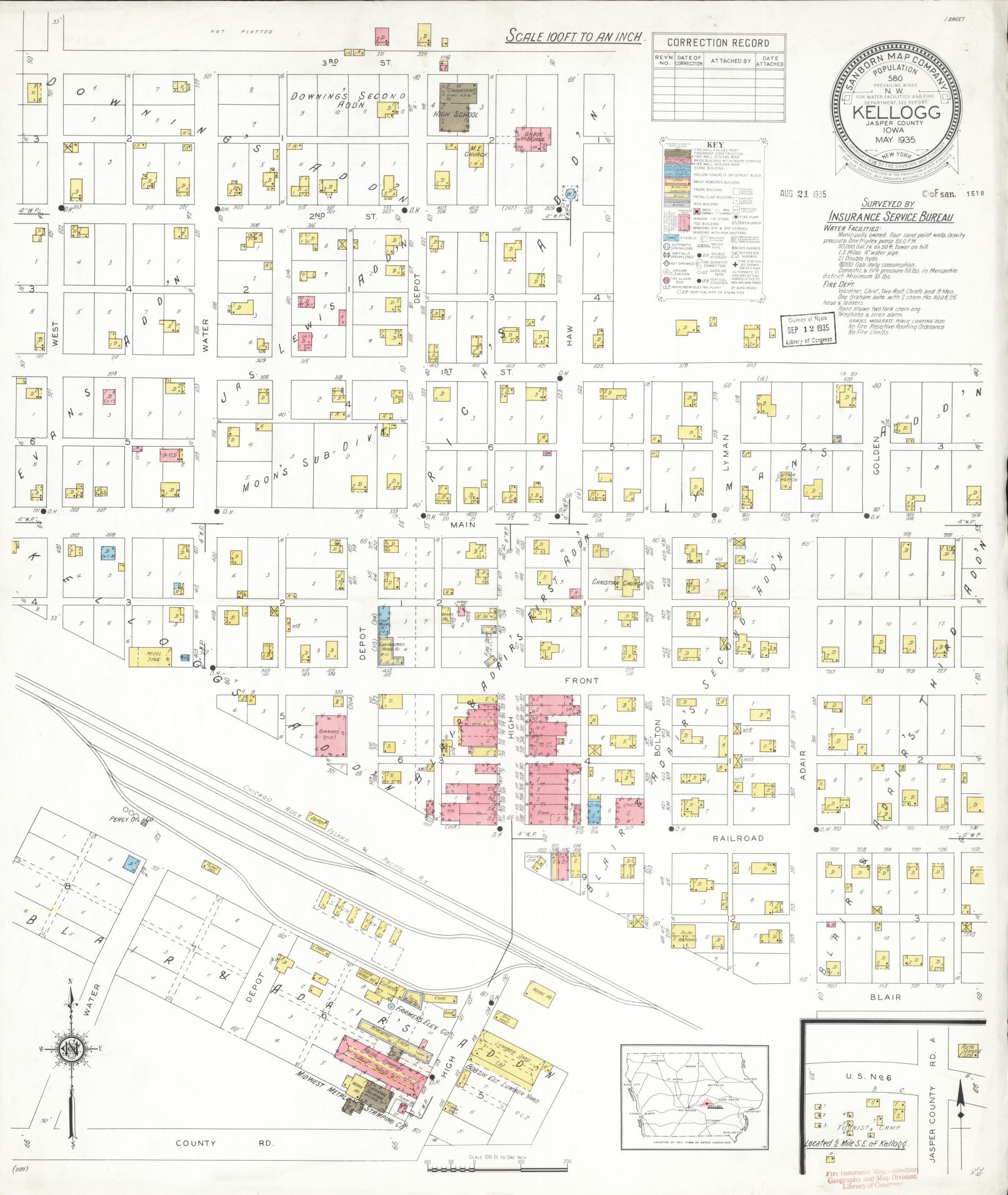 Sanborn Fire Insurance Map from Kellogg, Jasper County, Iowa (1935), Sheet #0001 - Historic Sanborn Fire Insurance Map Print, vintage old map wall art