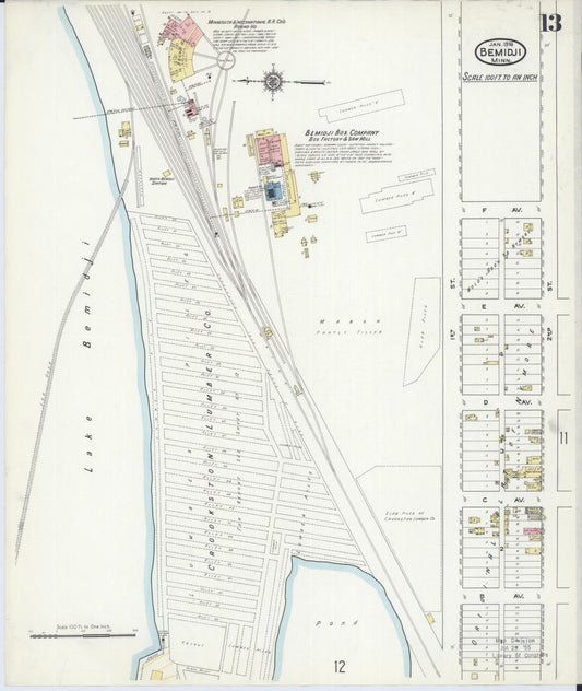 Sanborn Fire Insurance Map from Bemidji, Beltrami County, Minnesota (1916), Sheet #0013 - Historic Sanborn Fire Insurance Map Print, vintage old map wall art, antique decor, genealogy gift, Minnesota Minnesota map