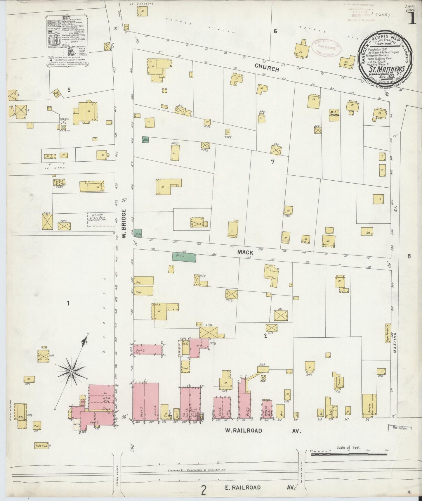 Sanborn Fire Insurance Map from Saint Matthews, Calhoun County, South Carolina (1899), Sheet #0001 - Historic Sanborn Fire Insurance Map Print, vintage old map wall art, antique decor, genealogy gift, South Carolina South Carolina map