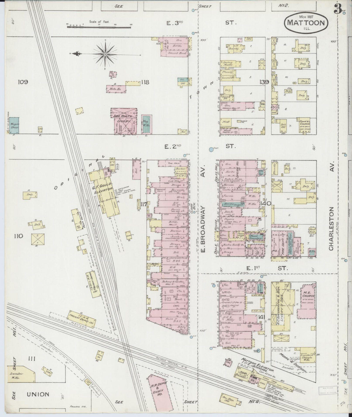 Sanborn Fire Insurance Map from Mattoon, Coles County, Illinois (1887), Sheet #0003 - Complete Map Set gallery image, historic Sanborn map, vintage wall art, Illinois Illinois