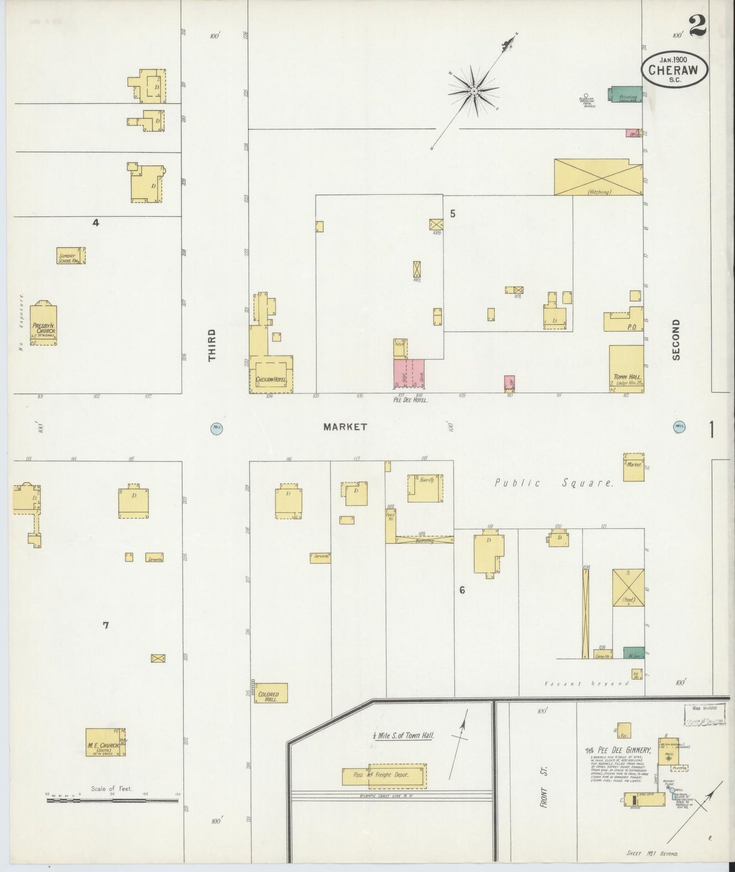 Sanborn Fire Insurance Map from Cheraw, Chesterfield County, South Carolina (1900), Sheet #0002 - Historic Sanborn Fire Insurance Map Print, vintage old map wall art, antique decor, genealogy gift, South Carolina South Carolina map