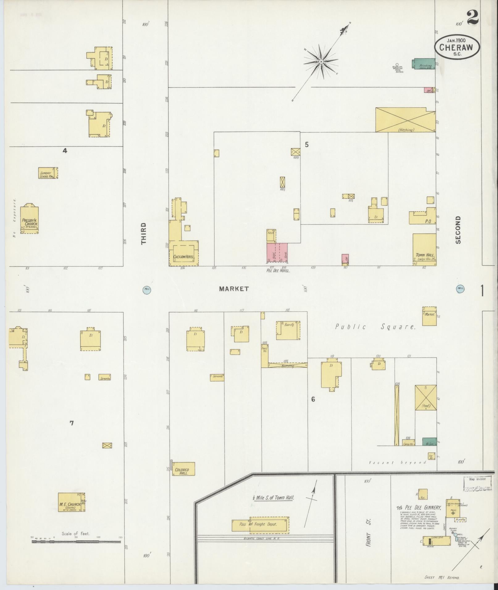 Sanborn Fire Insurance Map from Cheraw, Chesterfield County, South Carolina (1900), Sheet #0002 - Historic Sanborn Fire Insurance Map Print, vintage old map wall art, antique decor, genealogy gift, South Carolina South Carolina map