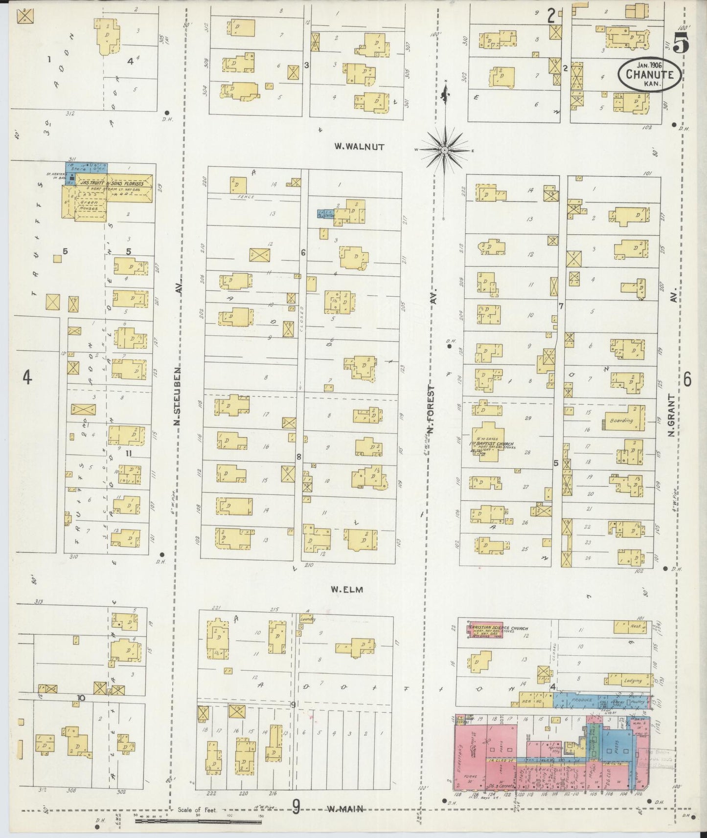 Sanborn Fire Insurance Map from Chanute, Neosho County, Kansas (1906), Sheet #0005 - Complete Map Set gallery image, historic Sanborn map, vintage wall art, Kansas Kansas