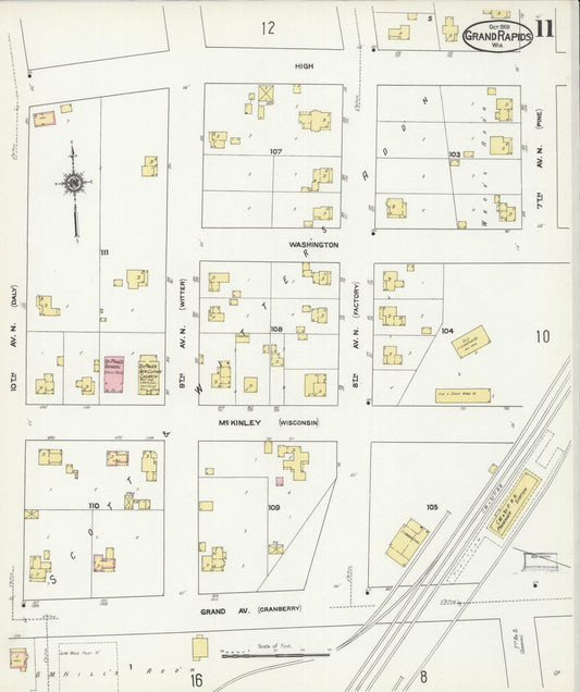 Sanborn Fire Insurance Map from Grand Rapids, Wood County, Wisconsin (1909), Sheet #0011 - Historic Sanborn Fire Insurance Map Print, vintage old map wall art, antique decor, genealogy gift, Wisconsin Wisconsin map