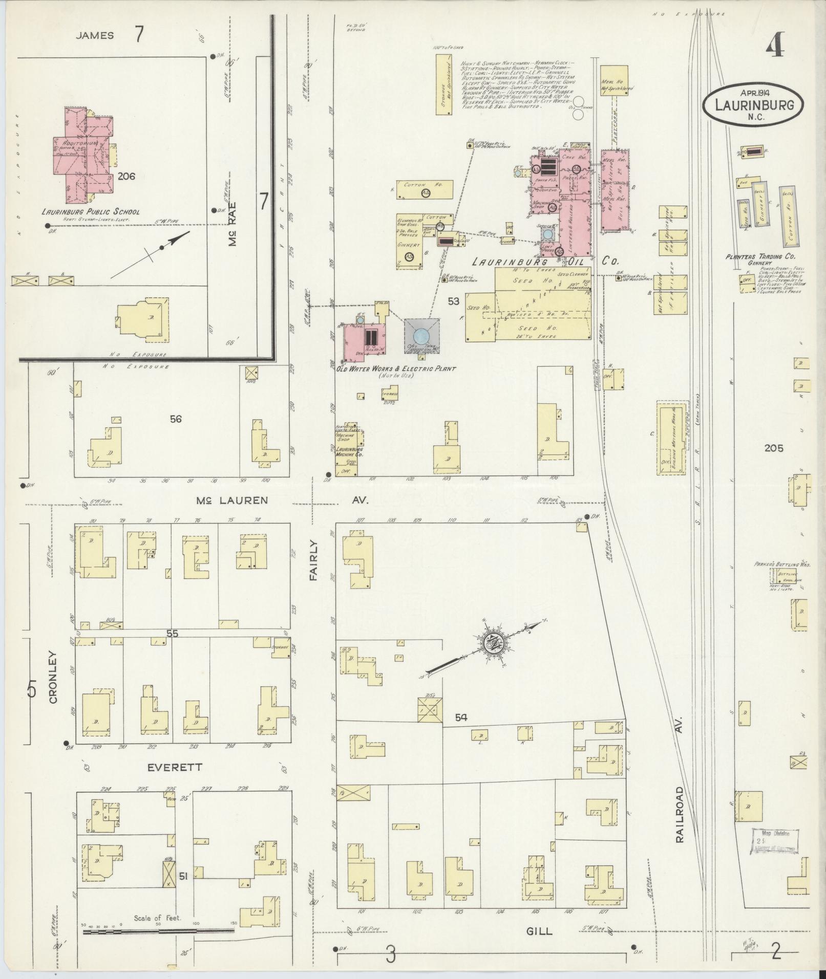 Sanborn Fire Insurance Map from Laurinburg, Scotland County, North Carolina (1914), Sheet #0004 - Historic Sanborn Fire Insurance Map Print, vintage old map wall art, antique decor, genealogy gift, North Carolina North Carolina map
