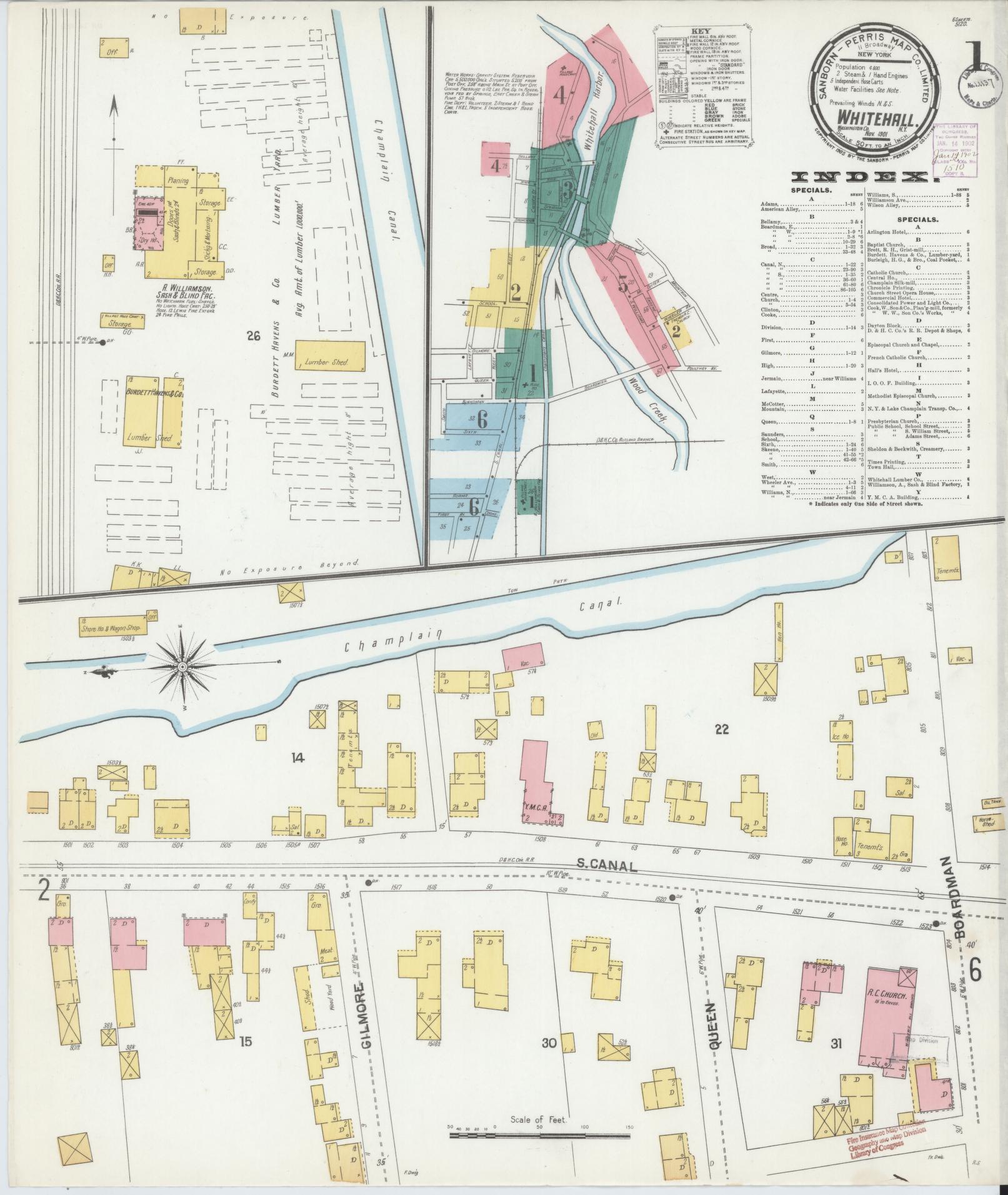 Sanborn Fire Insurance Map from Whitehall, Washington County, New York (1901), Sheet #0001 - Historic Sanborn Fire Insurance Map Print, vintage old map wall art, antique decor, genealogy gift, New York New York map