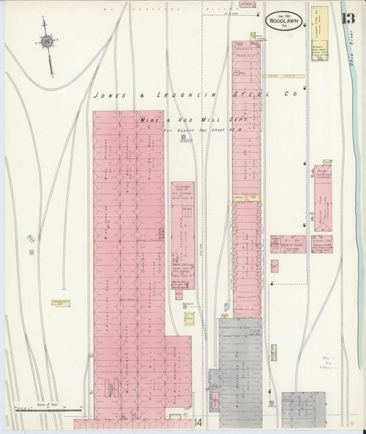 Sanborn Fire Insurance Map from Woodlawn, Beaver County, Pennsylvania (1911), Sheet #0013 - Historic Sanborn Fire Insurance Map Print, vintage old map wall art, antique decor, genealogy gift, Pennsylvania Pennsylvania map