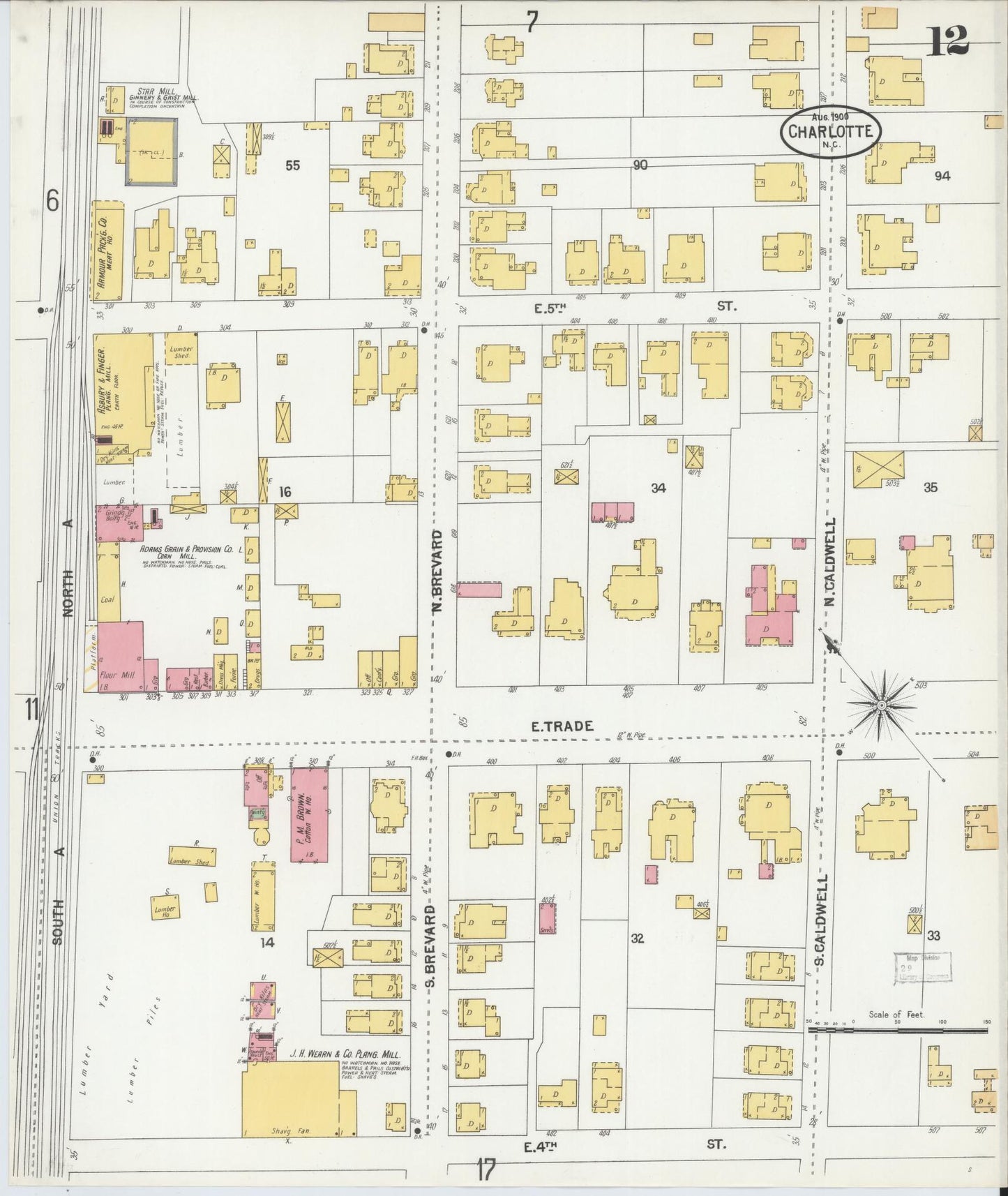 Sanborn Fire Insurance Map from Charlotte, Mecklenburg County, North Carolina (1900), Sheet #0012 - Historic Sanborn Fire Insurance Map Print, vintage old map wall art, antique decor, genealogy gift, North Carolina North Carolina map