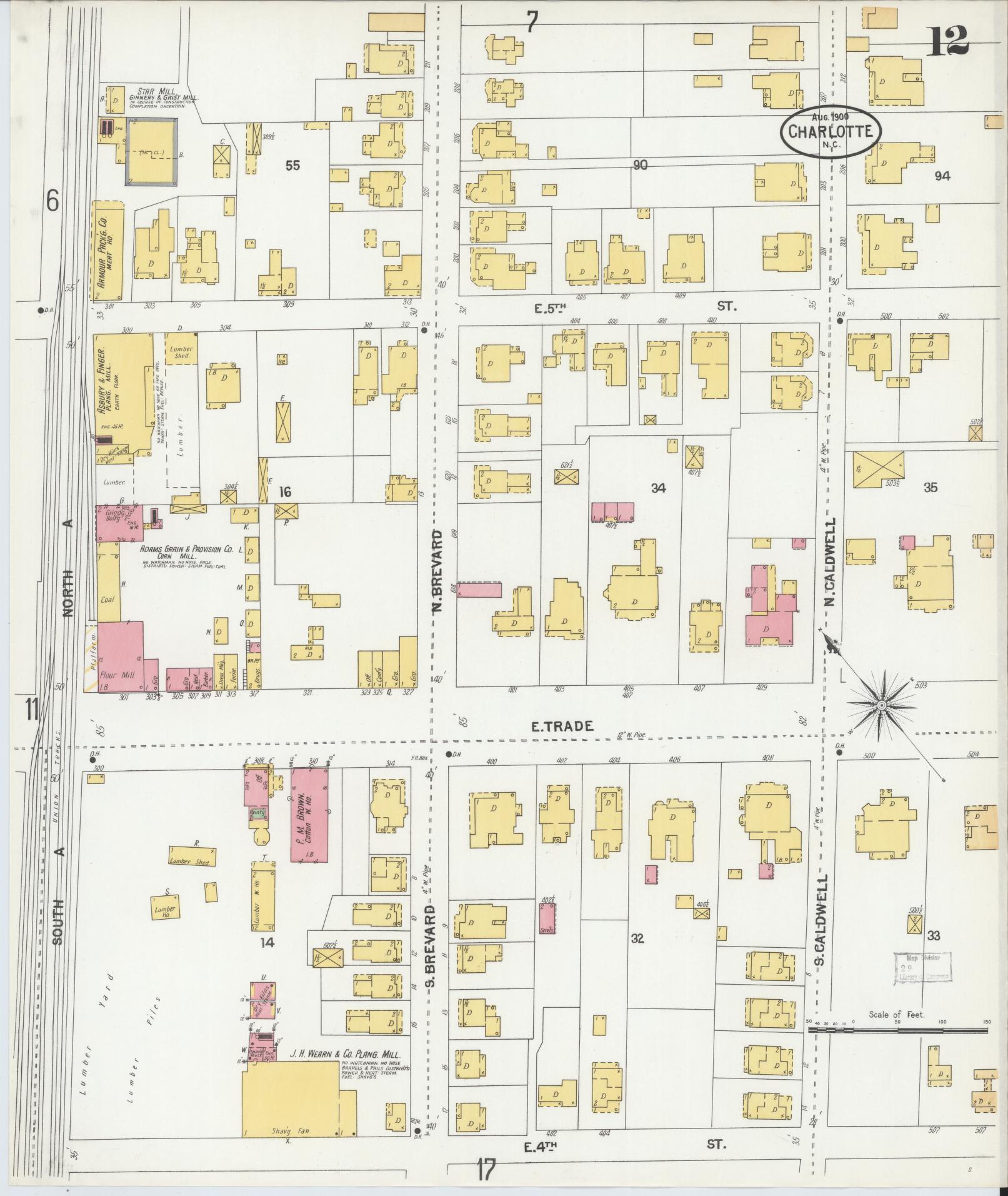 Sanborn Fire Insurance Map from Charlotte, Mecklenburg County, North Carolina (1900), Sheet #0012 - Historic Sanborn Fire Insurance Map Print, vintage old map wall art, antique decor, genealogy gift, North Carolina North Carolina map