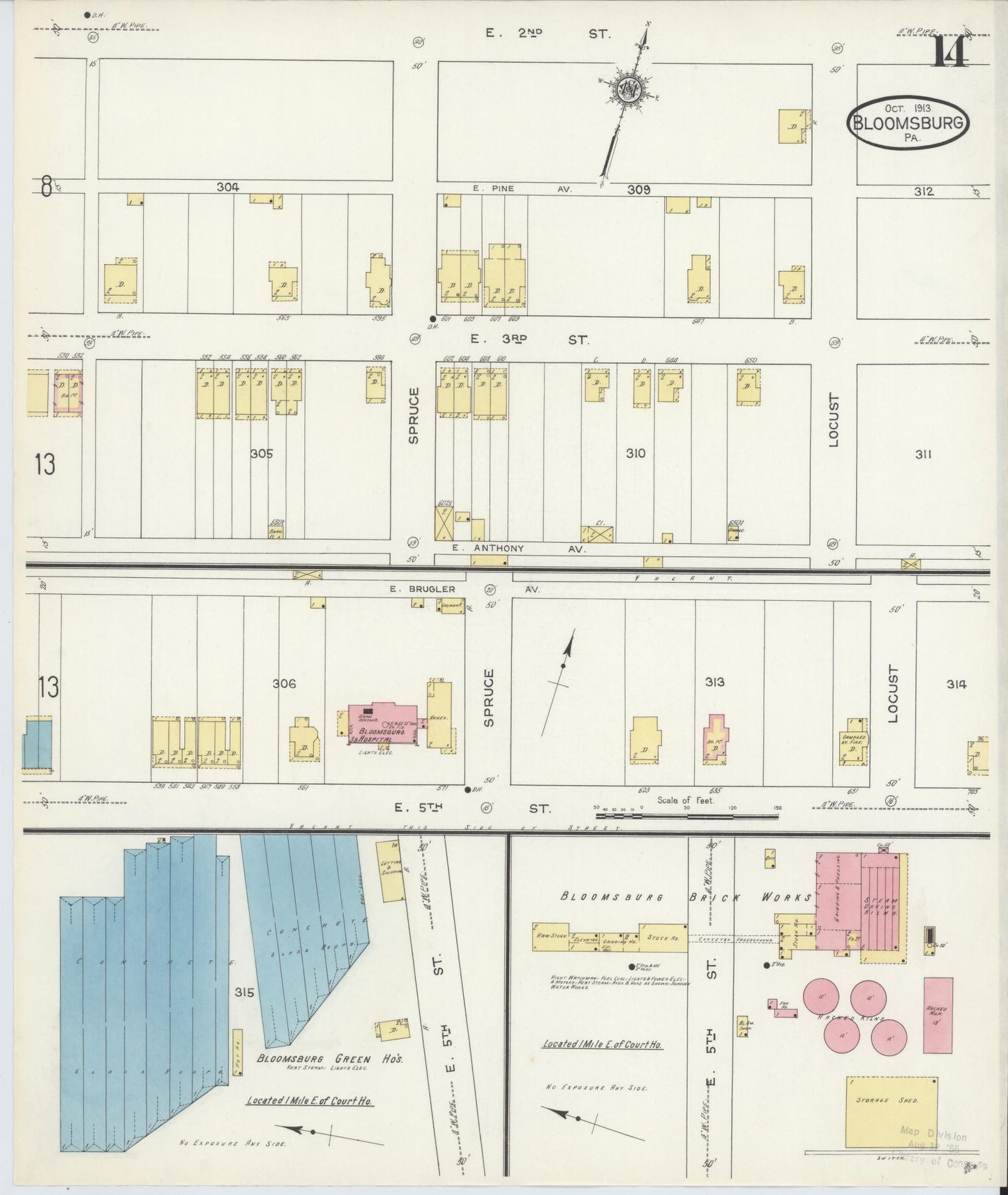 Sanborn Fire Insurance Map from Bloomsburg, Columbia County, Pennsylvania (1913), Sheet #0014 - Historic Sanborn Fire Insurance Map Print, vintage old map wall art, antique decor, genealogy gift, Pennsylvania Pennsylvania map