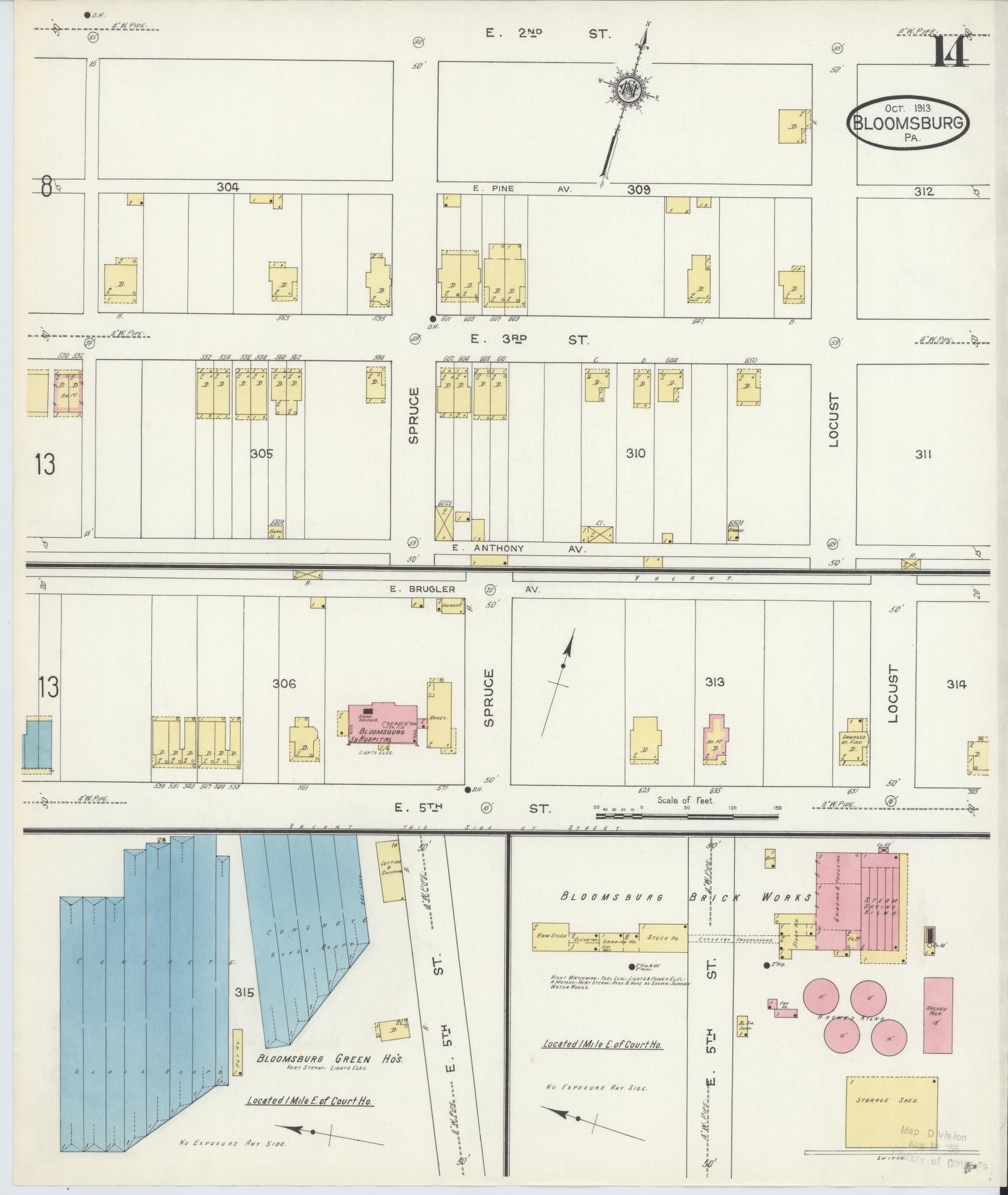 Sanborn Fire Insurance Map from Bloomsburg, Columbia County, Pennsylvania (1913), Sheet #0014 - Historic Sanborn Fire Insurance Map Print, vintage old map wall art, antique decor, genealogy gift, Pennsylvania Pennsylvania map