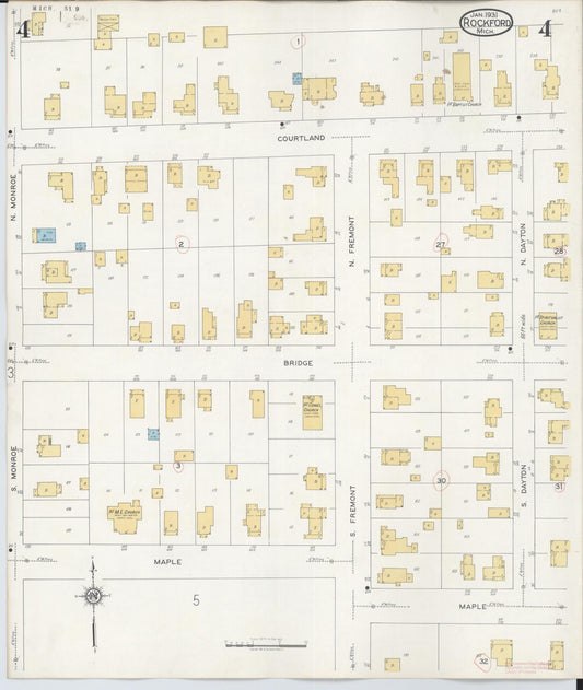 Sanborn Fire Insurance Map from Rockford, Kent County, Michigan (1931), Sheet #0004 - Historic Sanborn Fire Insurance Map Print, vintage old map wall art, antique decor, genealogy gift, Michigan Michigan map