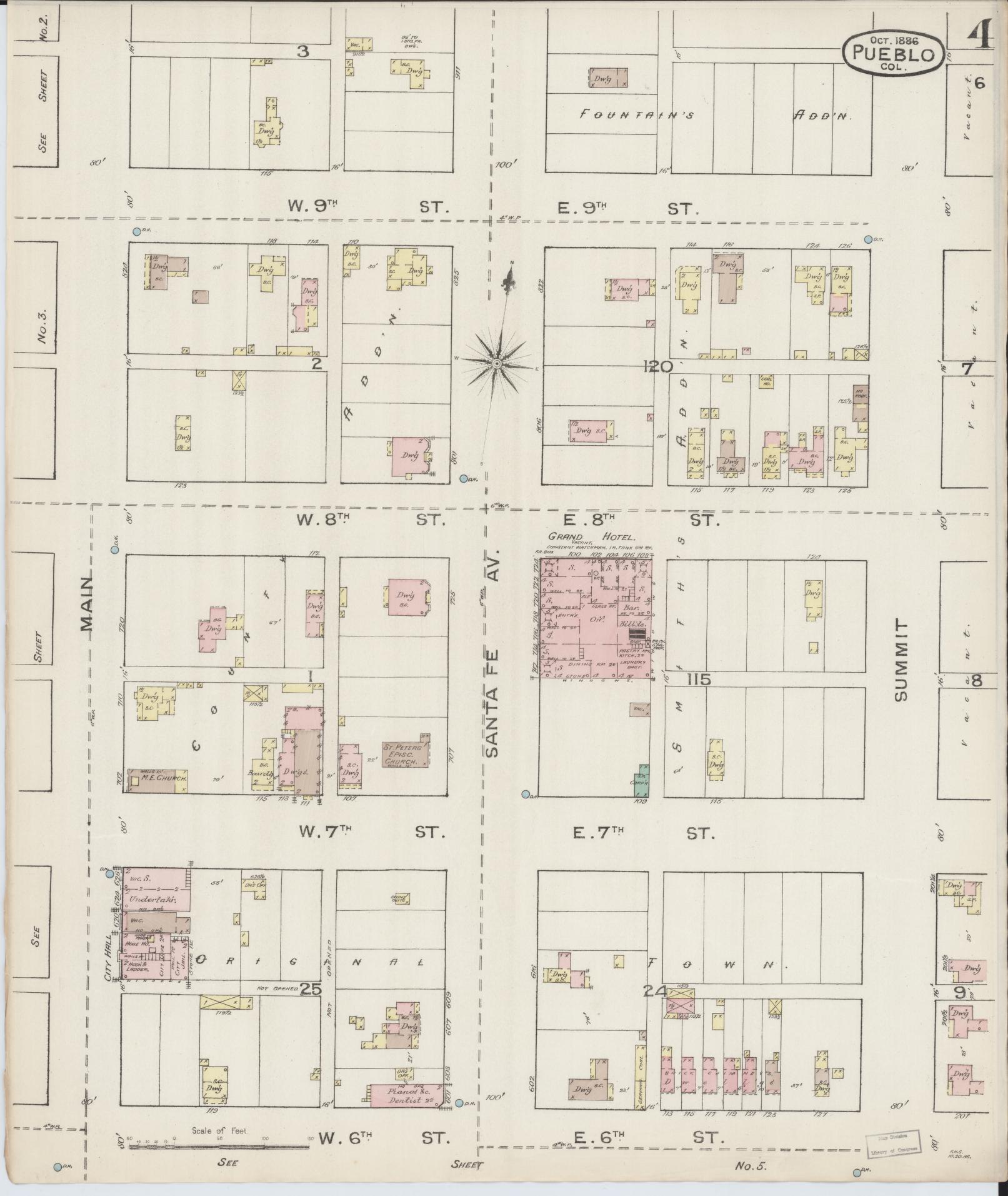 Sanborn Fire Insurance Map from Pueblo, Pueblo County, Colorado (1886), Sheet #0004 - Historic Sanborn Fire Insurance Map Print, vintage old map wall art, antique decor, genealogy gift, Colorado Colorado map