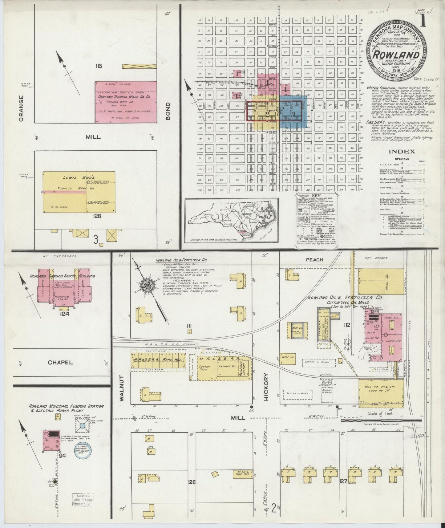 Sanborn Fire Insurance Map from Rowland, Robeson County, North Carolina (1919), Sheet #0001 - Complete Map Set gallery image, historic Sanborn map, vintage wall art, North Carolina North Carolina