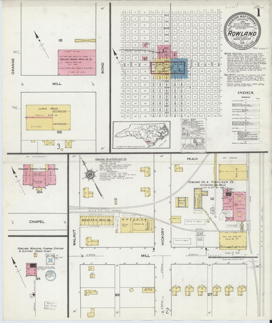 Sanborn Fire Insurance Map from Rowland, Robeson County, North Carolina (1919), Sheet #0001 - Complete Map Set gallery image, historic Sanborn map, vintage wall art, North Carolina North Carolina
