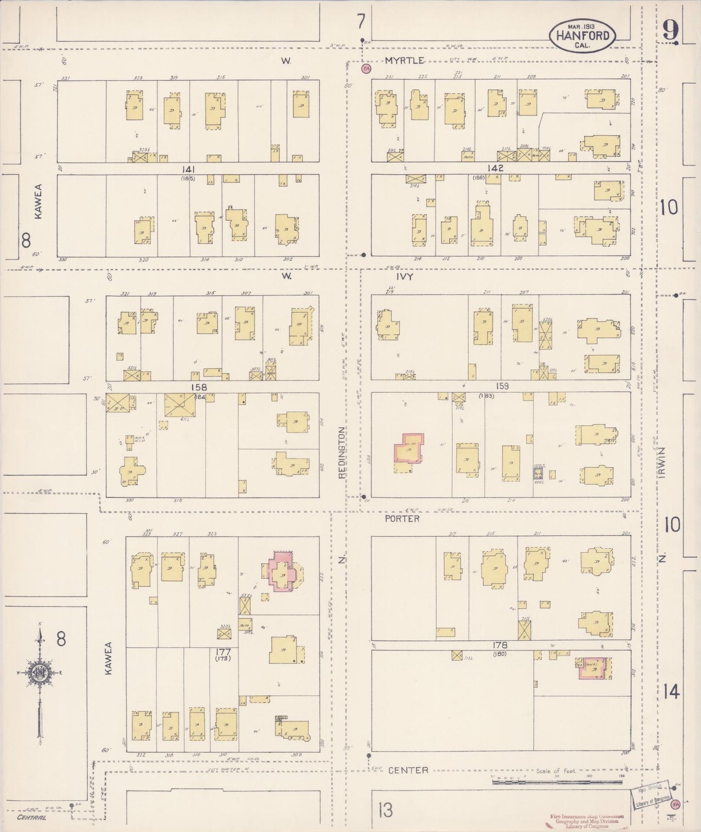 Sanborn Fire Insurance Map from Hanford, Kings County, California (1913), Sheet #0009 - Historic Sanborn Fire Insurance Map Print, vintage old map wall art, antique decor, genealogy gift, California California map
