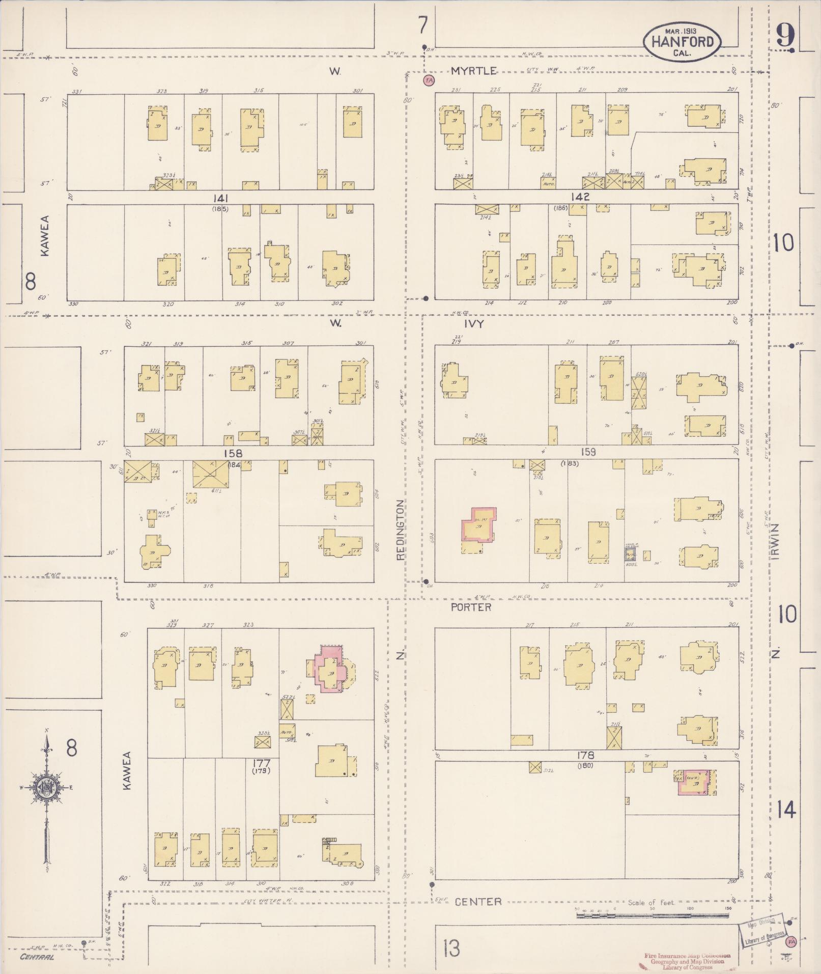 Sanborn Fire Insurance Map from Hanford, Kings County, California (1913), Sheet #0009 - Historic Sanborn Fire Insurance Map Print, vintage old map wall art, antique decor, genealogy gift, California California map