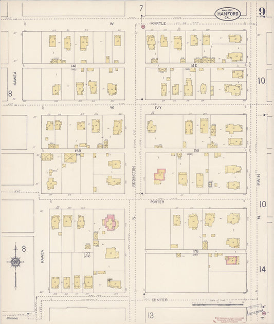 Sanborn Fire Insurance Map from Hanford, Kings County, California (1913), Sheet #0009 - Historic Sanborn Fire Insurance Map Print, vintage old map wall art, antique decor, genealogy gift, California California map