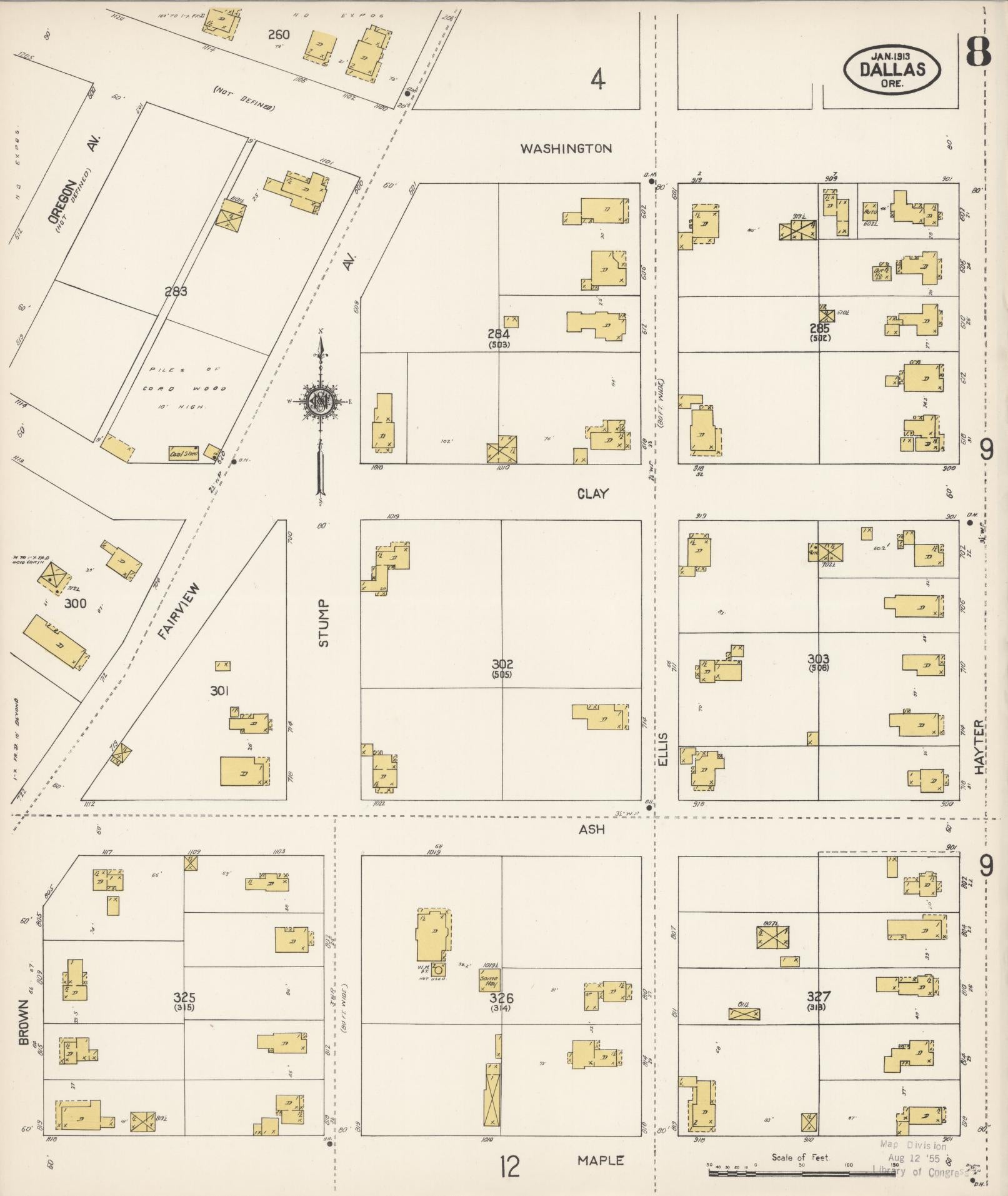 Sanborn Fire Insurance Map from Dallas, Polk County, Oregon (1913), Sheet #0008 - Historic Sanborn Fire Insurance Map Print, vintage old map wall art, antique decor, genealogy gift, Oregon Oregon map
