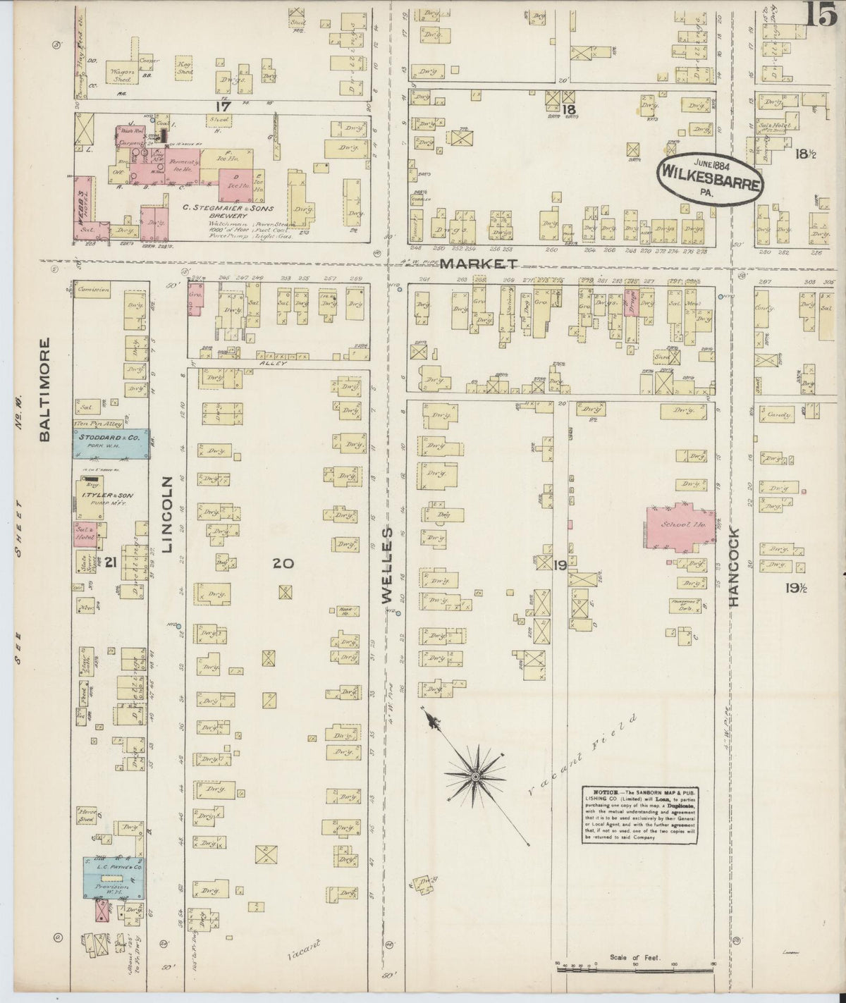 Sanborn Fire Insurance Map from Wilkes Barre, Luzerne County, Pennsylvania (1884), Sheet #0015 - Historic Sanborn Fire Insurance Map Print, vintage old map wall art, antique decor, genealogy gift, Pennsylvania Pennsylvania map