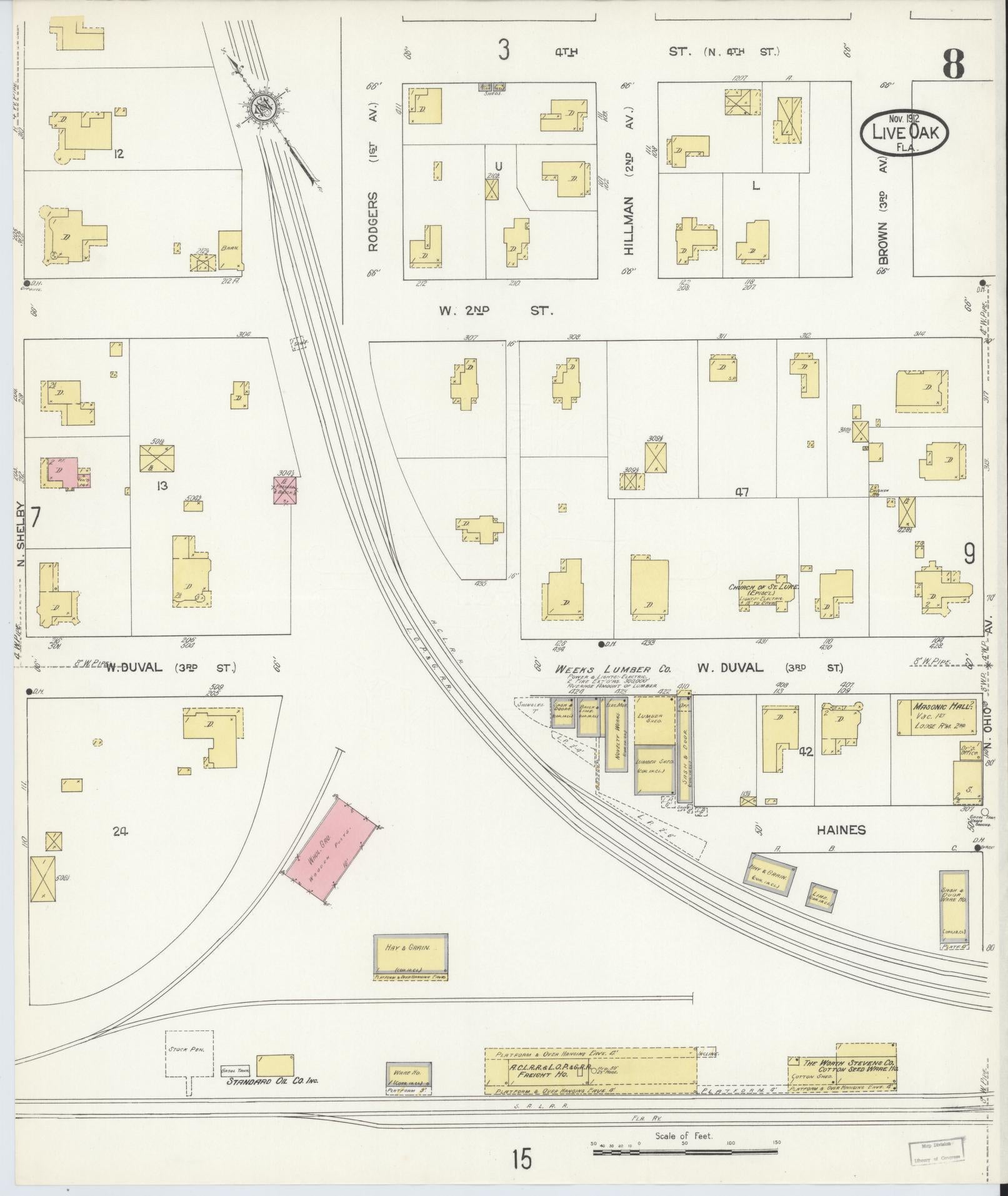Sanborn Fire Insurance Map from Live Oak, Suwanee County, Florida (1912), Sheet #0008 - Complete Map Set gallery image, historic Sanborn map, vintage wall art, Florida Florida