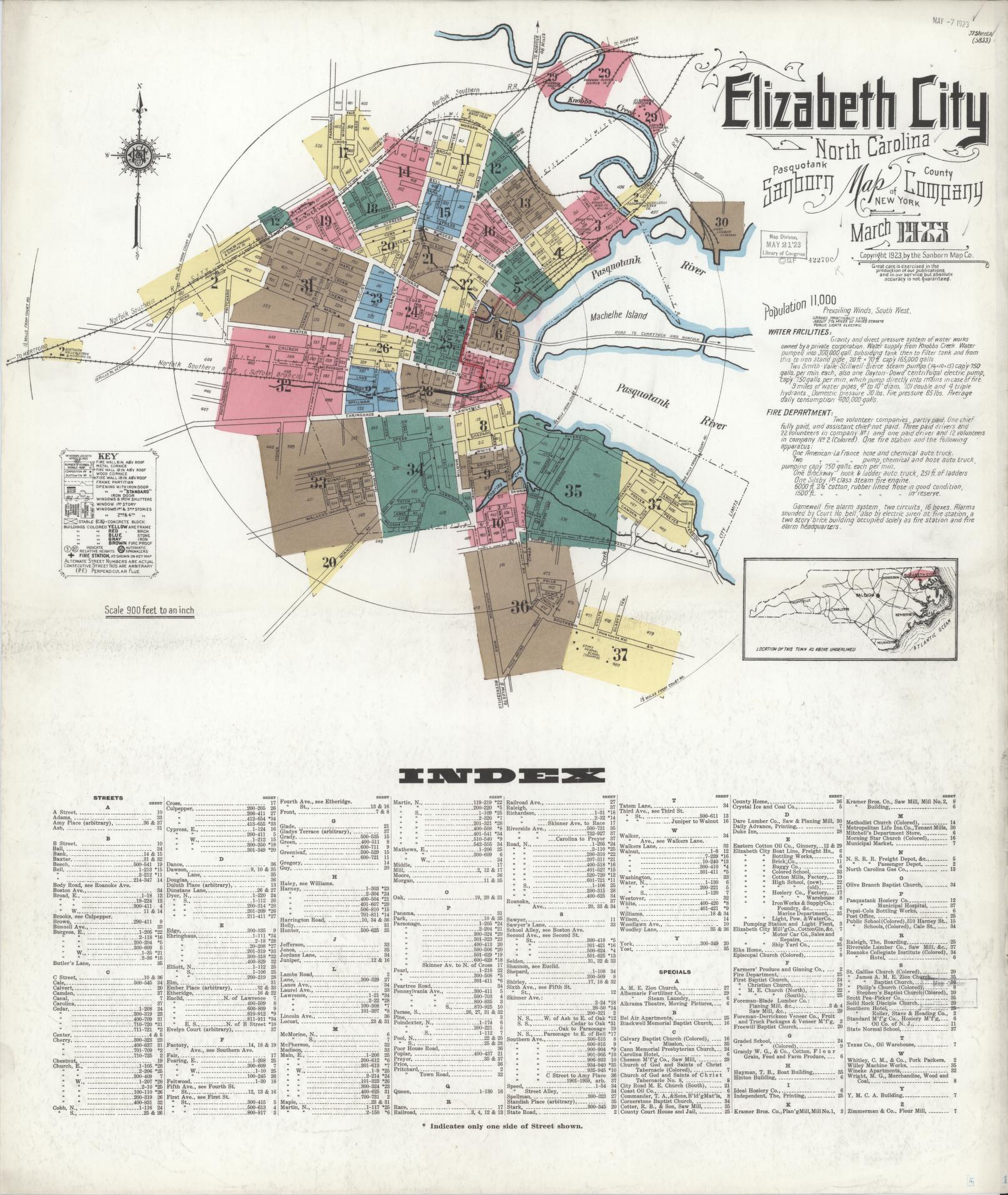 Sanborn Fire Insurance Map from Elizabeth City, Pasquotank County, North Carolina (1923), Sheet #0001 - Complete Map Set gallery image, historic Sanborn map, vintage wall art, North Carolina North Carolina