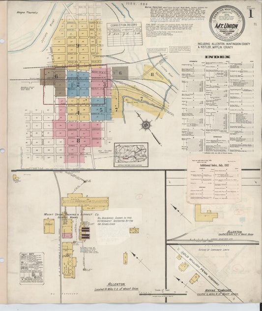 Sanborn Fire Insurance Map from Mount Union, Huntingdon County, Pennsylvania (1944), Sheet #0001 - Historic Sanborn Fire Insurance Map Print, vintage old map wall art, antique decor, genealogy gift, Pennsylvania Pennsylvania map