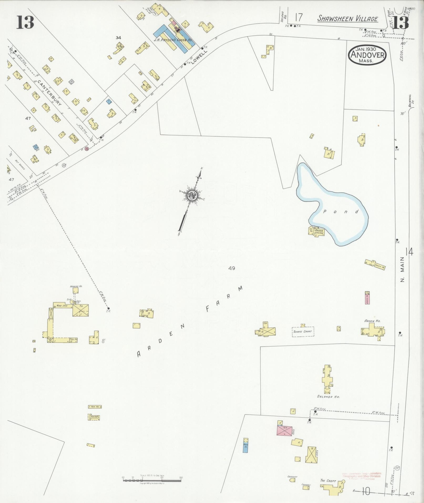 Sanborn Fire Insurance Map from Andover, Essex County, Massachusetts (1930), Sheet #0013 - Complete Map Set gallery image, historic Sanborn map, vintage wall art, Massachusetts Massachusetts