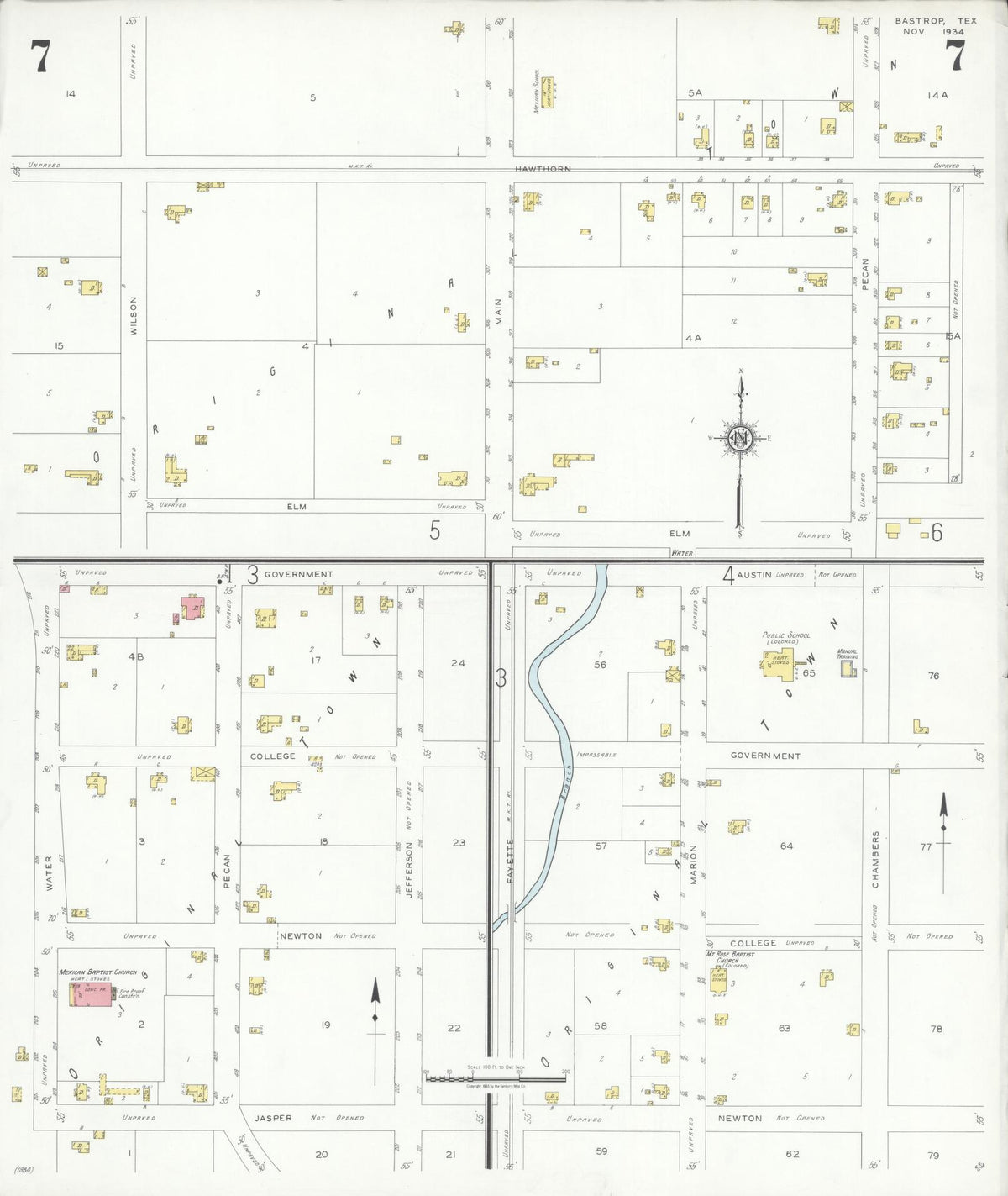 Sanborn Fire Insurance Map from Bastrop, Bastrop County, Texas (1934), Sheet #0007 - Complete Map Set gallery image, historic Sanborn map, vintage wall art, Texas Texas
