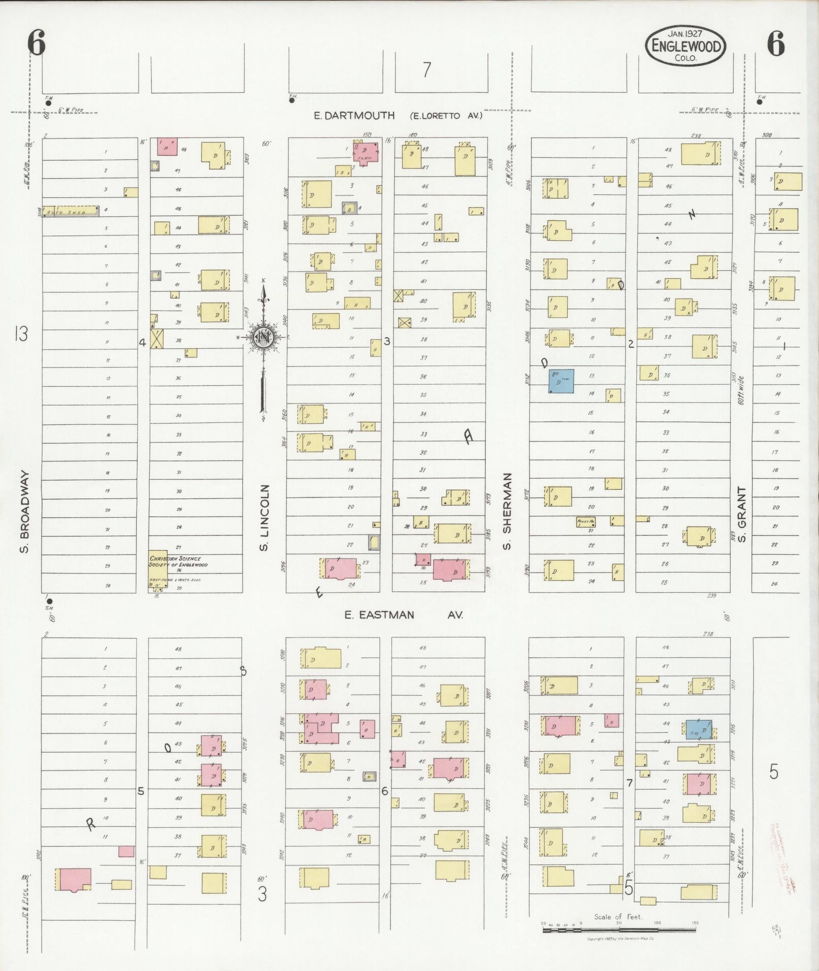 Sanborn Fire Insurance Map from Englewood, Arapahoe County, Colorado (1927), Sheet #0006 - Complete Map Set gallery image, historic Sanborn map, vintage wall art, Colorado Colorado