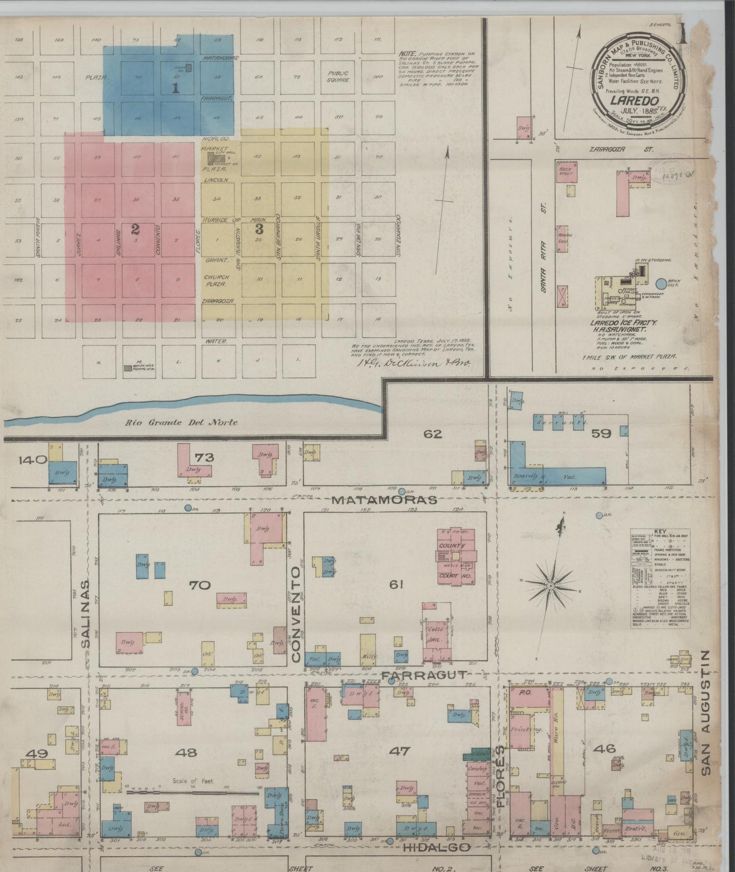 Sanborn Fire Insurance Map from Laredo, Webb County, Texas (1885), Sheet #0001 - Historic Sanborn Fire Insurance Map Print, vintage old map wall art, antique decor, genealogy gift, Texas Texas map