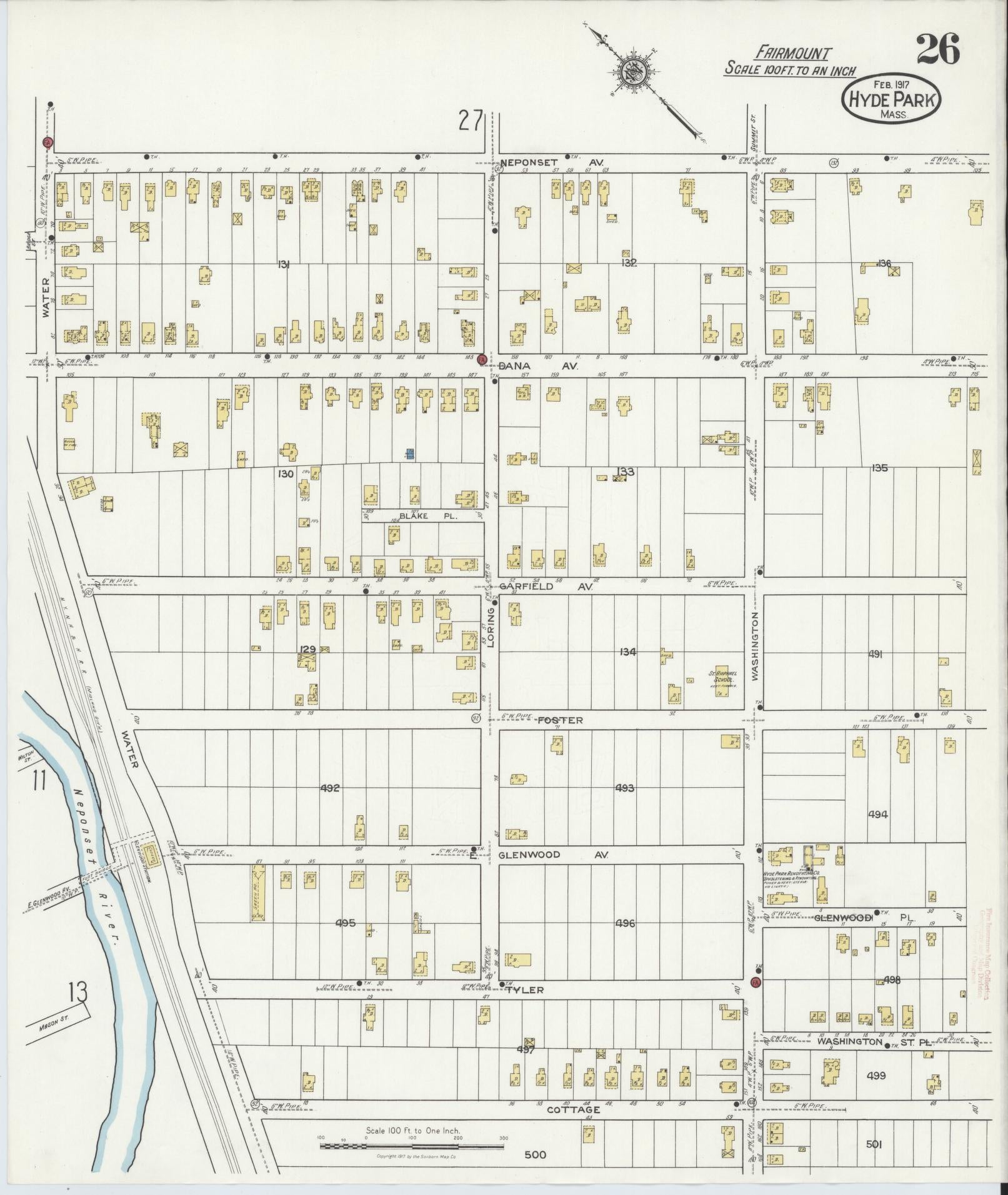 Sanborn Fire Insurance Map from Hyde Park, Norfolk County, Massachusetts (1917), Sheet #0026 - Historic Sanborn Fire Insurance Map Print, vintage old map wall art, antique decor, genealogy gift, Massachusetts Massachusetts map
