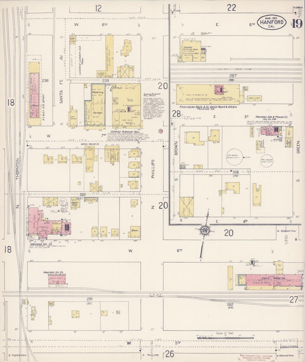 Sanborn Fire Insurance Map from Hanford, Kings County, California (1913), Sheet #0019 - Complete Map Set gallery image, historic Sanborn map, vintage wall art, California California