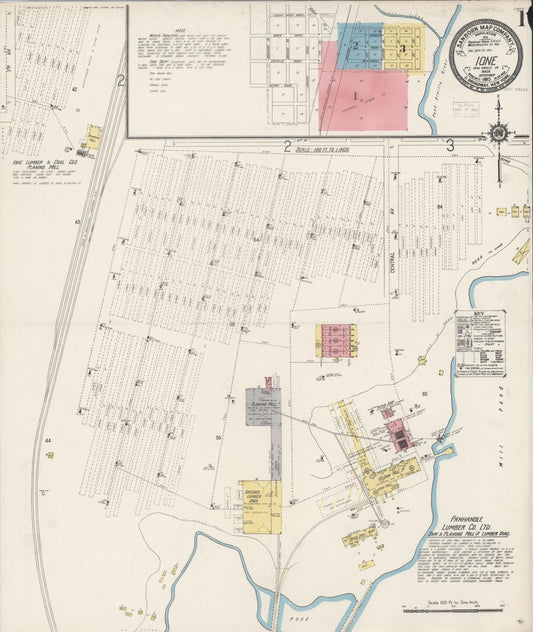Sanborn Fire Insurance Map from Ione, Pend Oreille County, Washington (1915), Sheet #0001 - Historic Sanborn Fire Insurance Map Print, vintage old map wall art, antique decor, genealogy gift, Washington Washington map