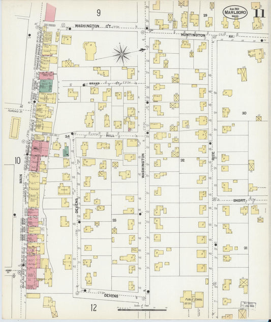 Sanborn Fire Insurance Map from Marlborough, Middlesex County, Massachusetts (1901), Sheet #0011 - Historic Sanborn Fire Insurance Map Print, vintage old map wall art, antique decor, genealogy gift, Massachusetts Massachusetts map