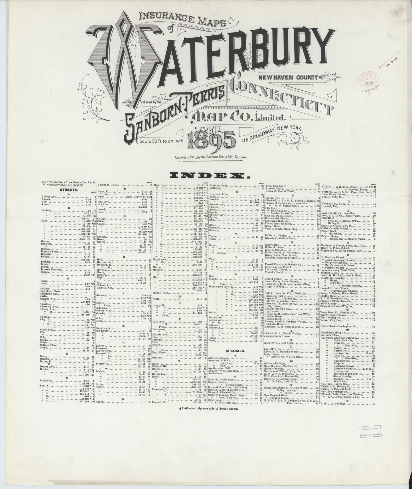 Sanborn Fire Insurance Map from Waterbury, New Haven County, Connecticut. (1895) – Historic Sanborn Fire Insurance Map Print