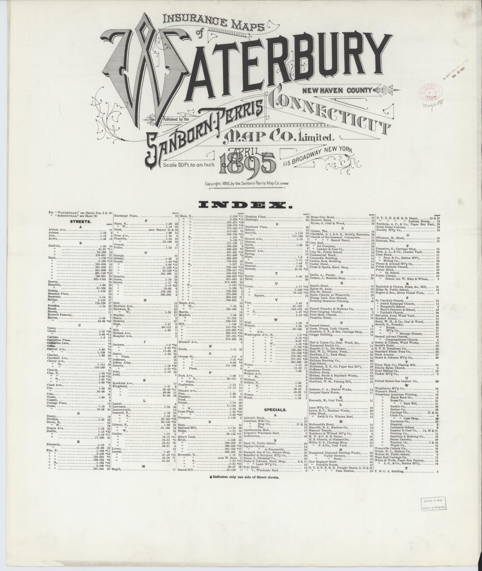 Sanborn Fire Insurance Map from Waterbury, New Haven County, Connecticut. (1895) – Historic Sanborn Fire Insurance Map Print