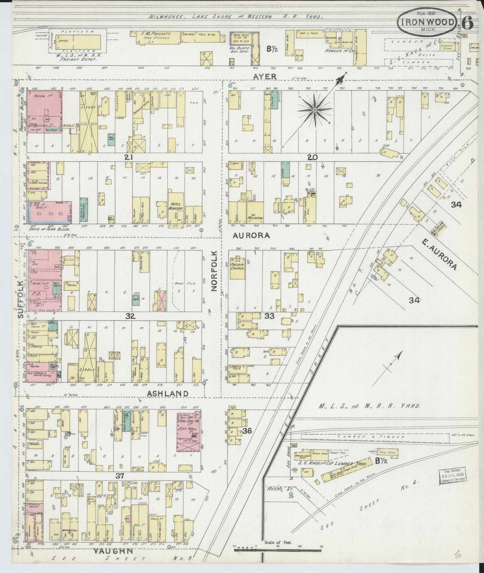 Sanborn Fire Insurance Map from Ironwood, Gogebic County, Michigan (1891), Sheet #0006 - Complete Map Set gallery image, historic Sanborn map, vintage wall art, Michigan Michigan