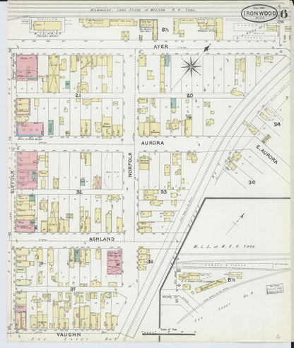 Sanborn Fire Insurance Map from Ironwood, Gogebic County, Michigan (1891), Sheet #0006 - Complete Map Set gallery image, historic Sanborn map, vintage wall art, Michigan Michigan