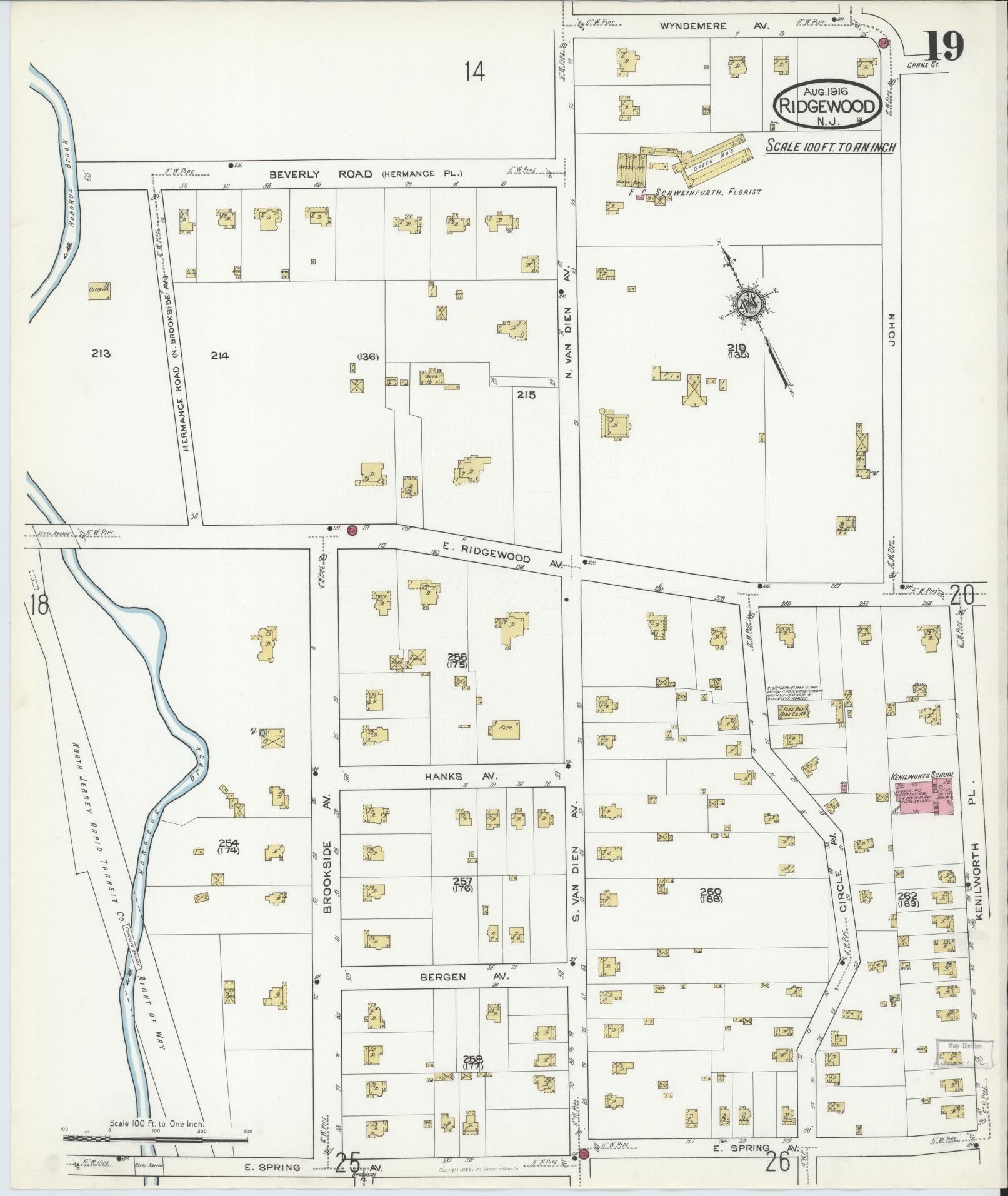 Sanborn Fire Insurance Map from Ridgewood, Bergen County, New Jersey (1916), Sheet #0019 - Complete Map Set gallery image, historic Sanborn map, vintage wall art, New Jersey New Jersey