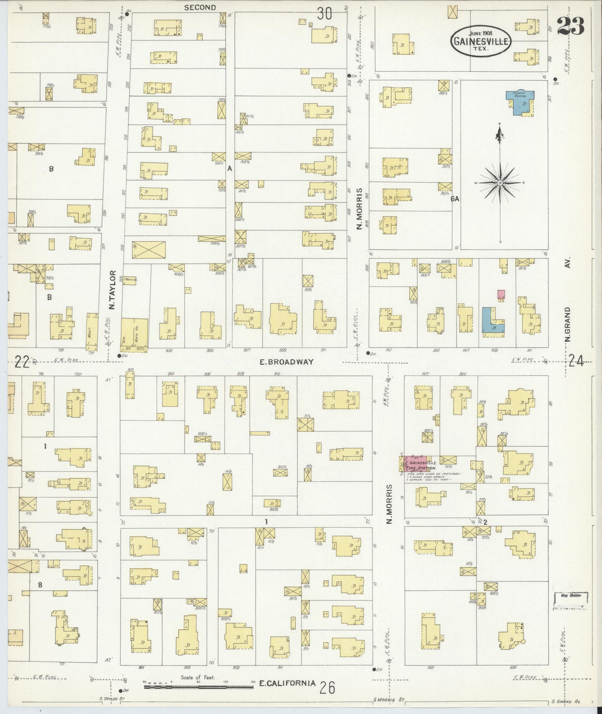 Sanborn Fire Insurance Map from Gainesville, Cooke County, Texas (1908), Sheet #0023 - Complete Map Set gallery image, historic Sanborn map, vintage wall art, Texas Texas