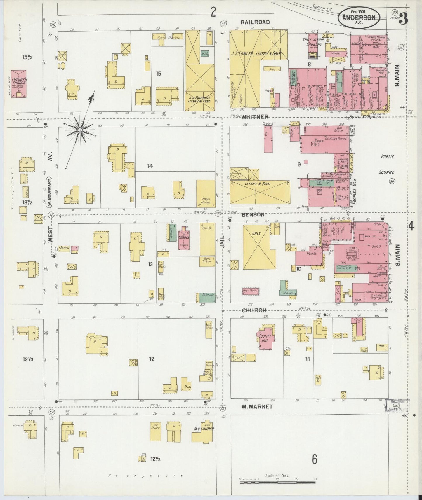 Sanborn Fire Insurance Map from Anderson, Anderson County, South Carolina (1901), Sheet #0003 - Complete Map Set gallery image, historic Sanborn map, vintage wall art, South Carolina South Carolina