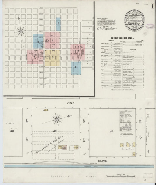 Sanborn Fire Insurance Map from Riverside, Riverside County, California (1887), Sheet #0001 - Complete Map Set gallery image, historic Sanborn map, vintage wall art, California California