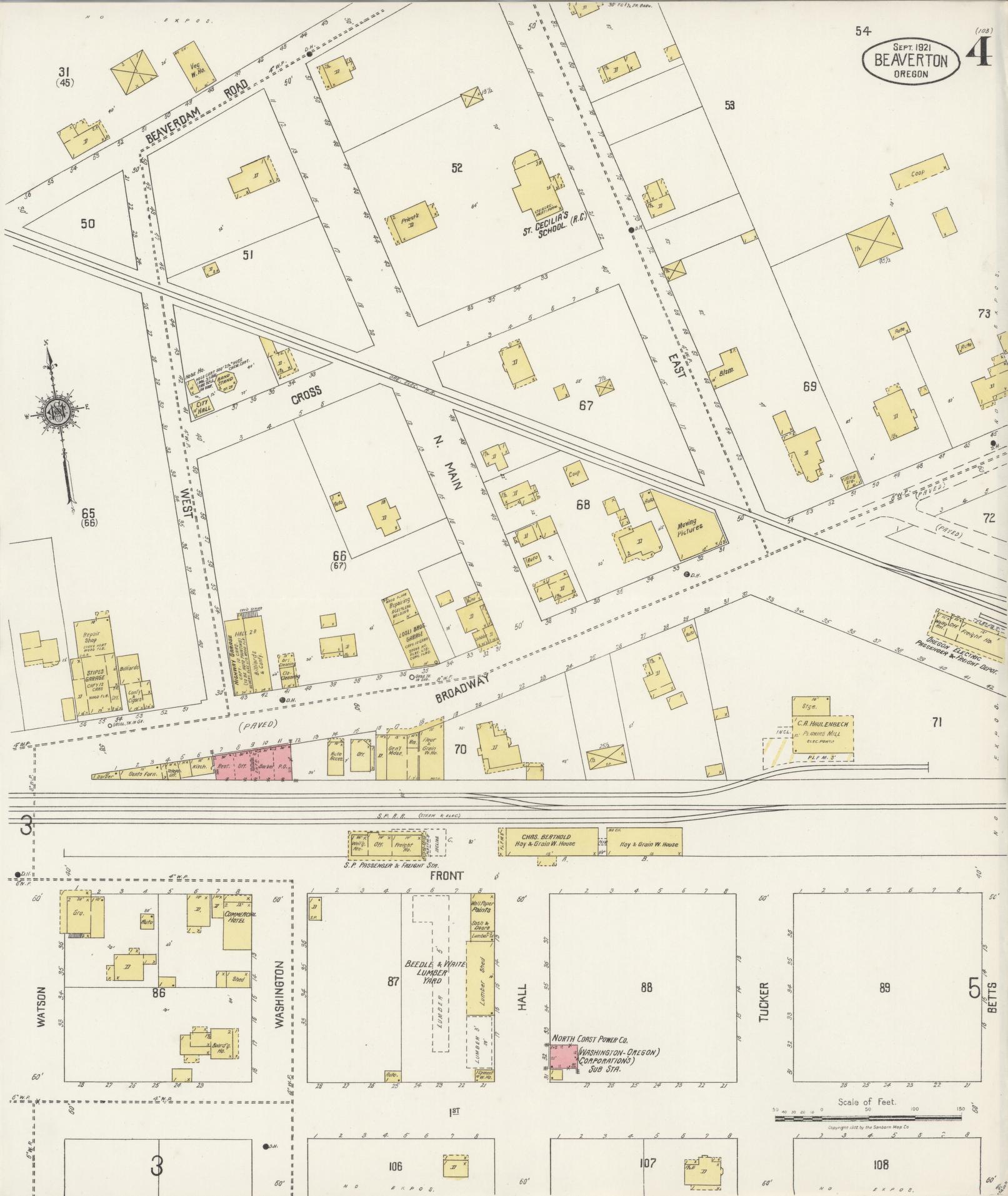 Sanborn Fire Insurance Map from Beaverton, Washington County, Oregon (1921), Sheet #0004 - Historic Sanborn Fire Insurance Map Print, vintage old map wall art, antique decor, genealogy gift, Oregon Oregon map