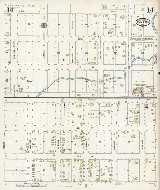 Sanborn Fire Insurance Map from Bay City, Matagorda County, Texas (1926), Sheet #0014 - Historic Sanborn Fire Insurance Map Print, vintage old map wall art, antique decor, genealogy gift, Texas Texas map
